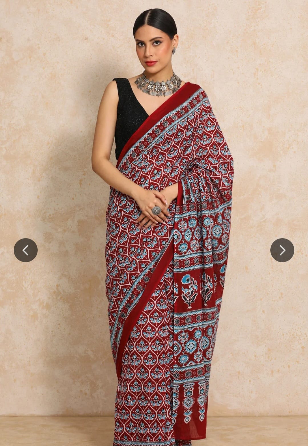 Cotton Mulmul Saree in red and blue motif – Pure cotton handblock printed saree wholesale by Fabtexs